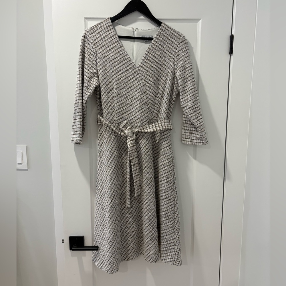 Plaid Tweed Style Wrap-Style A-Line Dress in Beige and Gray